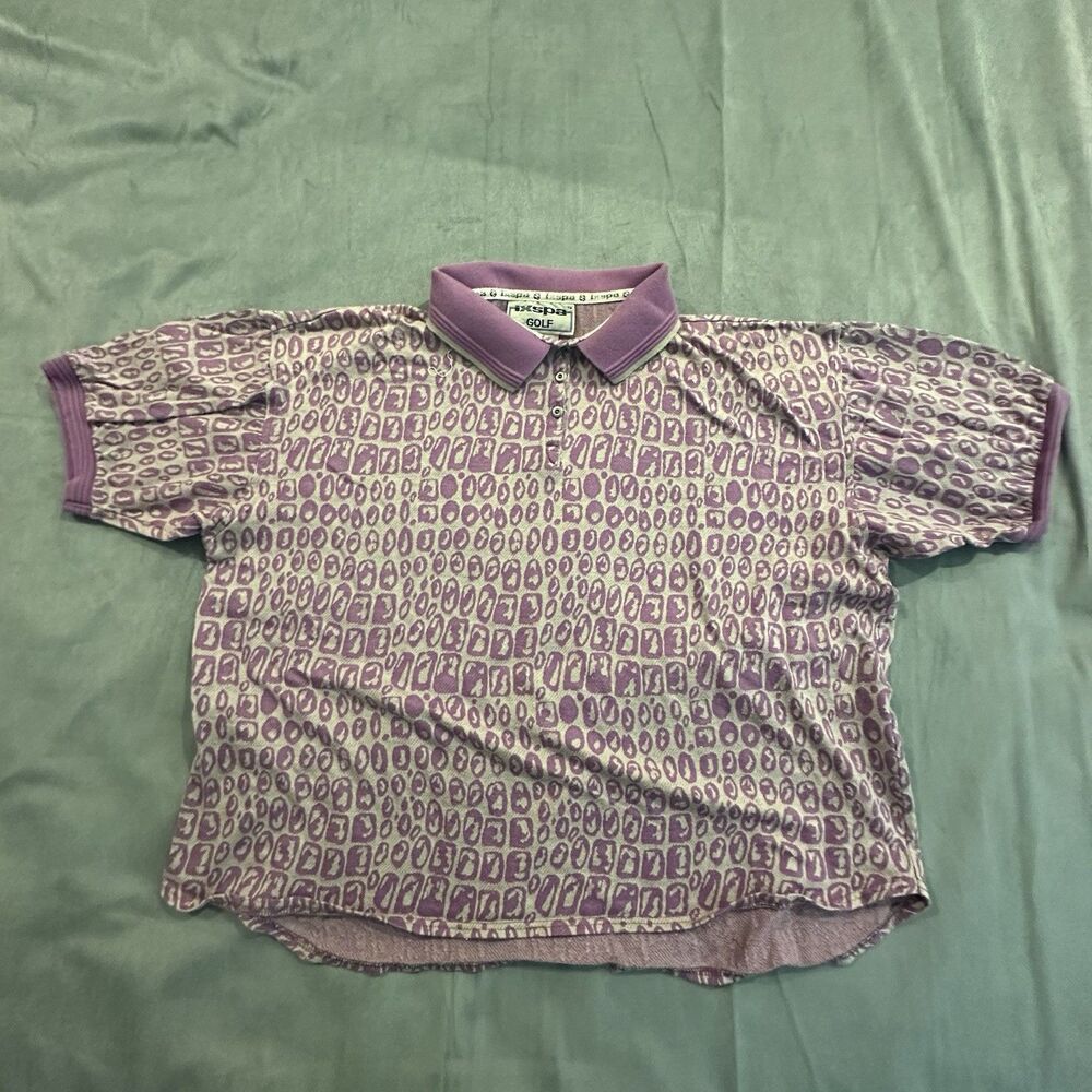 Vintage 90s Ixspa Shirt Mens Large Abstract Purple Golf Polo Button Short Sleeve